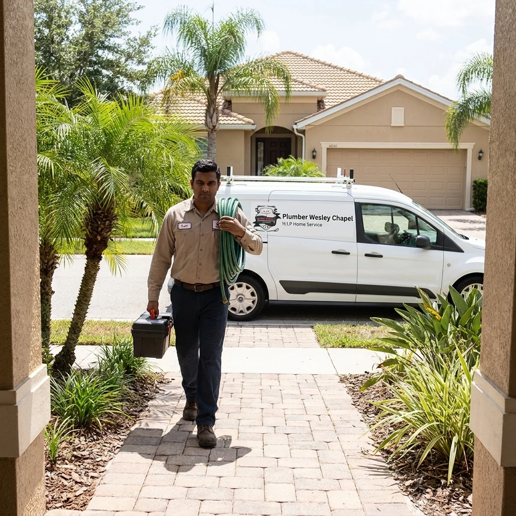 Plumber arriving at a Wesley Chapel area home for a same-day call
