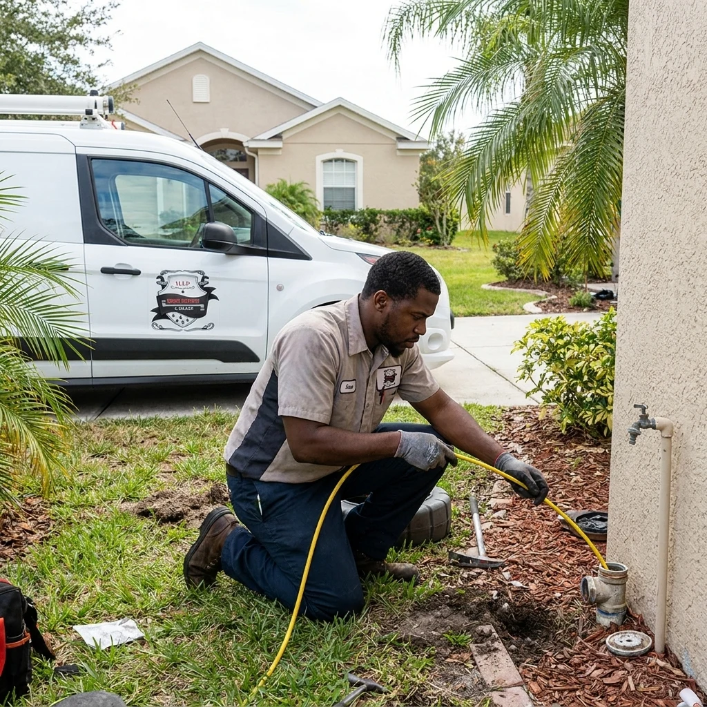 Plumber inspecting a cleanout at a Wesley Chapel area property