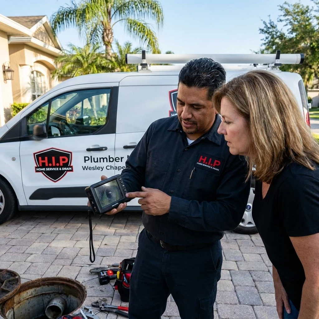 Plumber explaining camera findings to a homeowner in Wesley Chapel